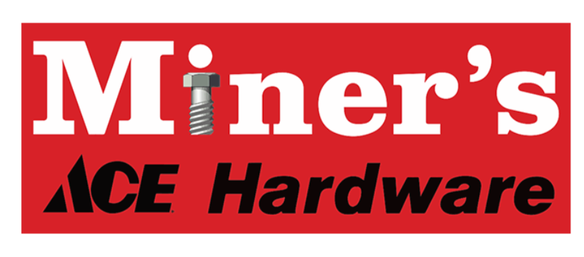Sign reading 'Miner's ACE Hardware' with red background, white and black text, and a screw graphic replacing the 'i' in 'Miner's'.