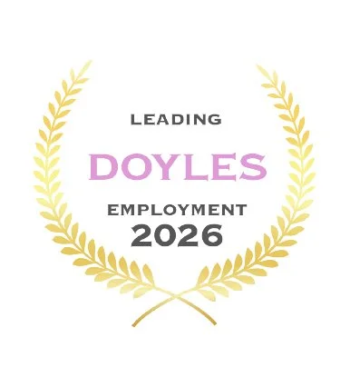 Coronation-like wreath with text "Leading Doyles Employment 2026" in purple and black.