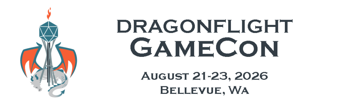 Logo for Dragonflight GameCon, featuring a stylized dragon and tower, with event details in text: August 21-23, 2026, Bellevue, WA.