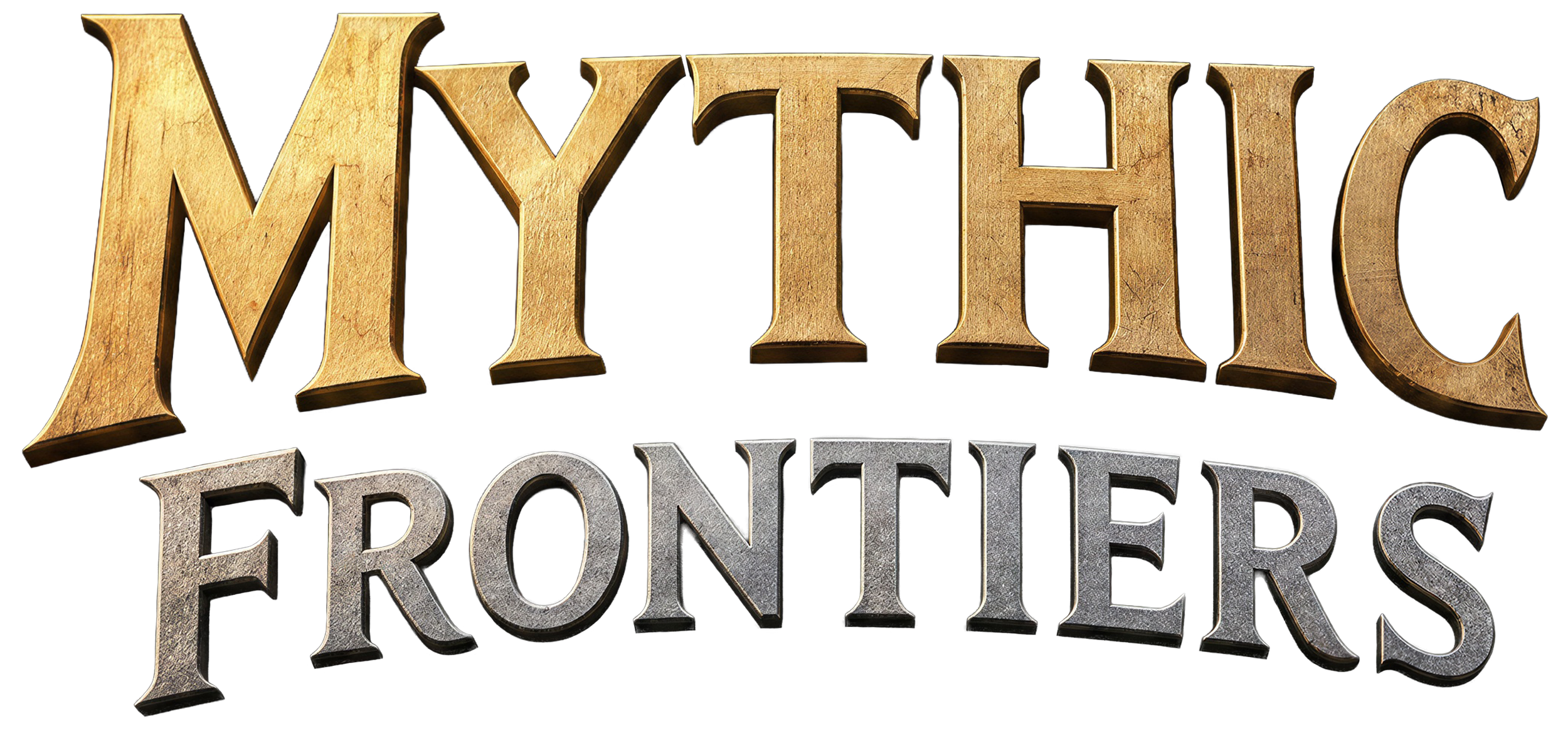 The gold and silver logo of the cooperative board game 'Mythic frontiers'.