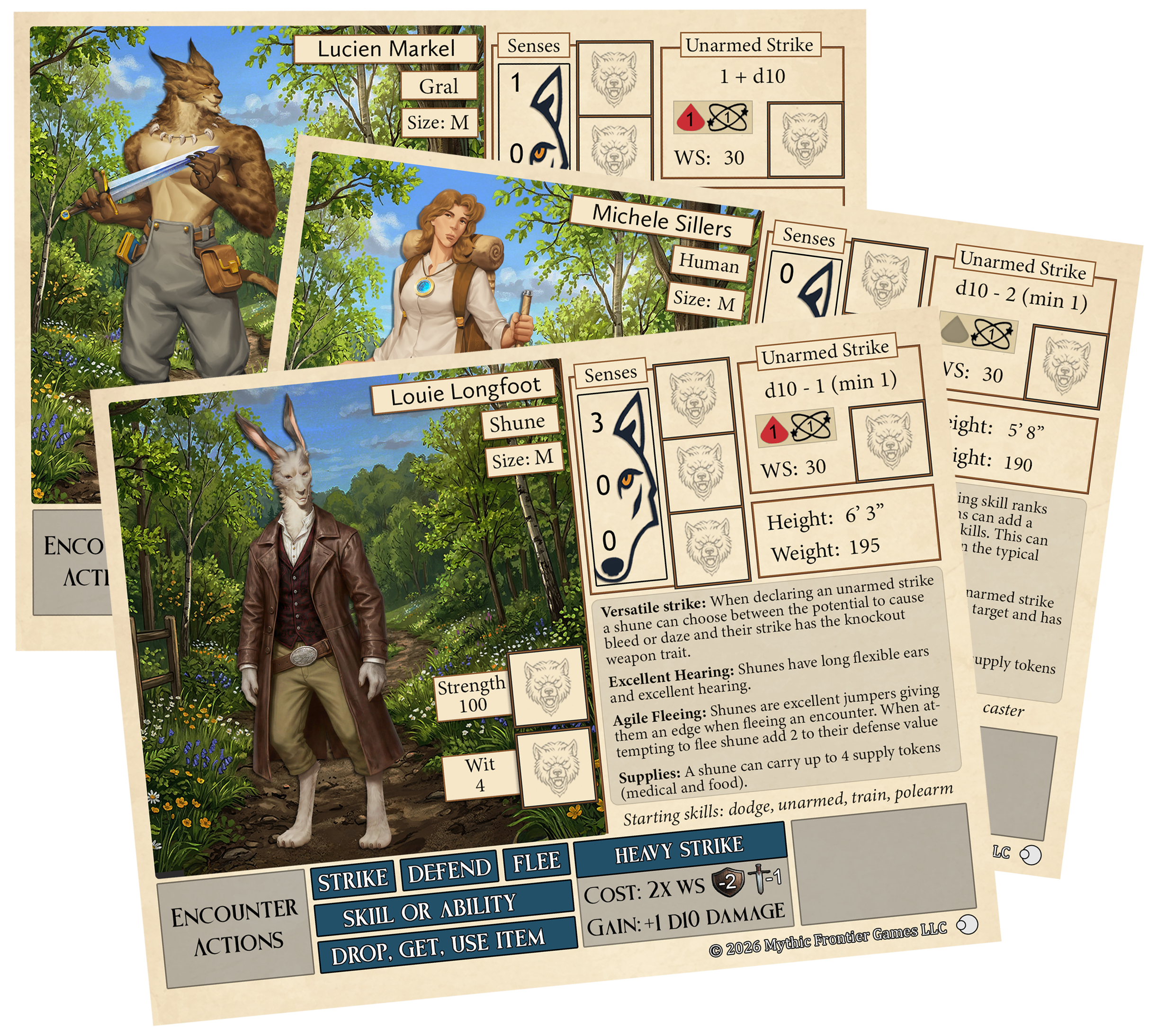 A collection of illustrated character cards from the game, featuring species of Arcanis, an alien planet, with detailed stats and descriptions in this unique science-fantasy setting.