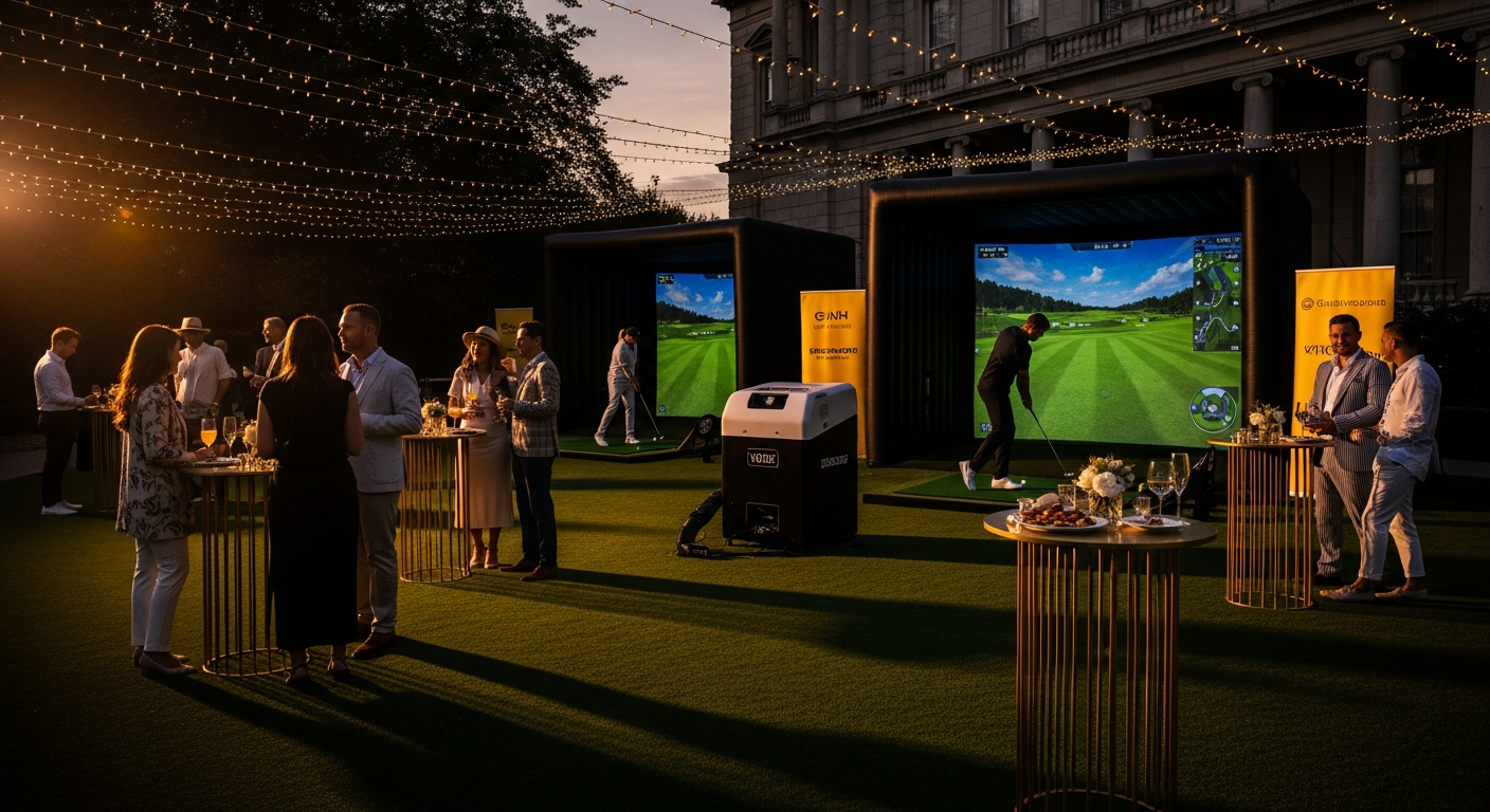 People attending an outdoor evening event featuring virtual golf simulators, with string lights overhead and formal attire, on a grassy area near a historic building.