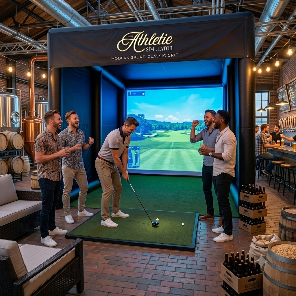 Group of men playing virtual golf at The Athletic Simulator in a brewery or bar with friends, beer bottles on the counter, industrial decor, and a large screen showing a golf course.