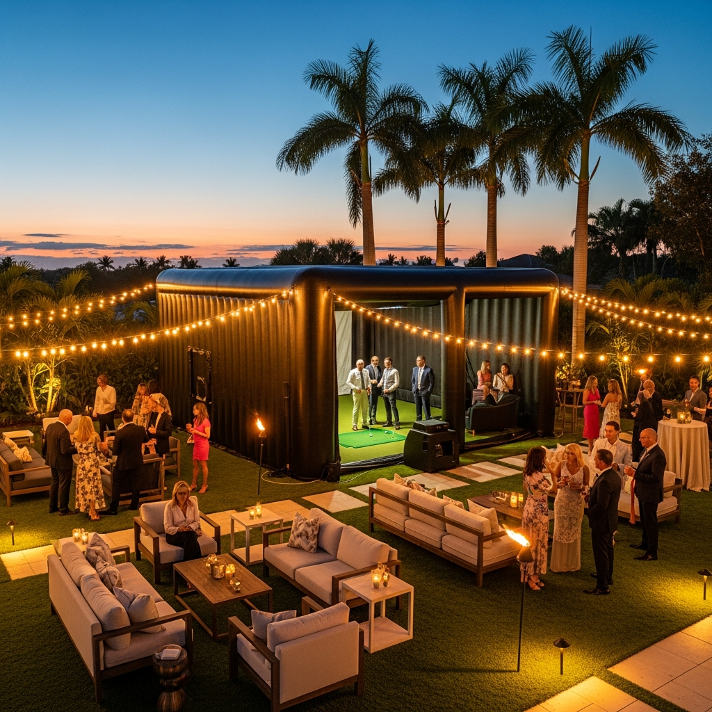 Guests gathered at an outdoor evening event with a stage featuring five men in suits, string lights overhead, palm trees surrounding a modern black structure, and sofas and tables with lit candles in the foreground.
