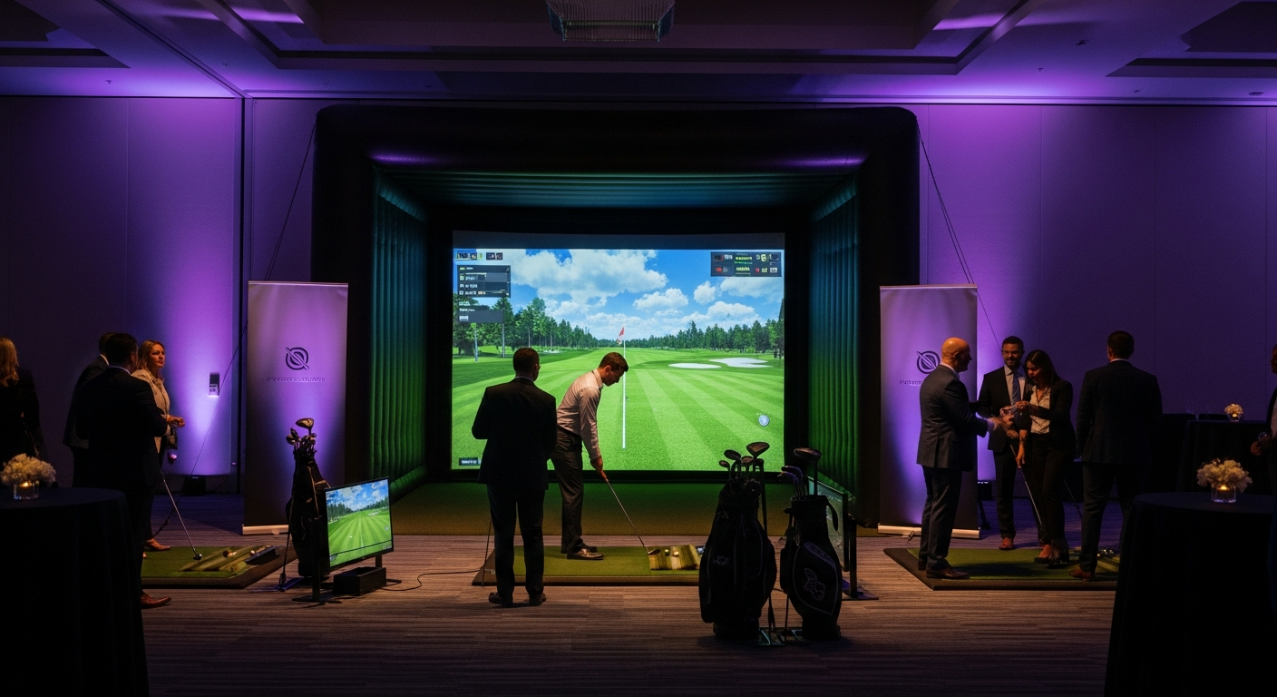 Indoor golf simulation room with a large screen displaying a golf course. Several people are standing on mats, holding golf clubs, participating in a golf activity.