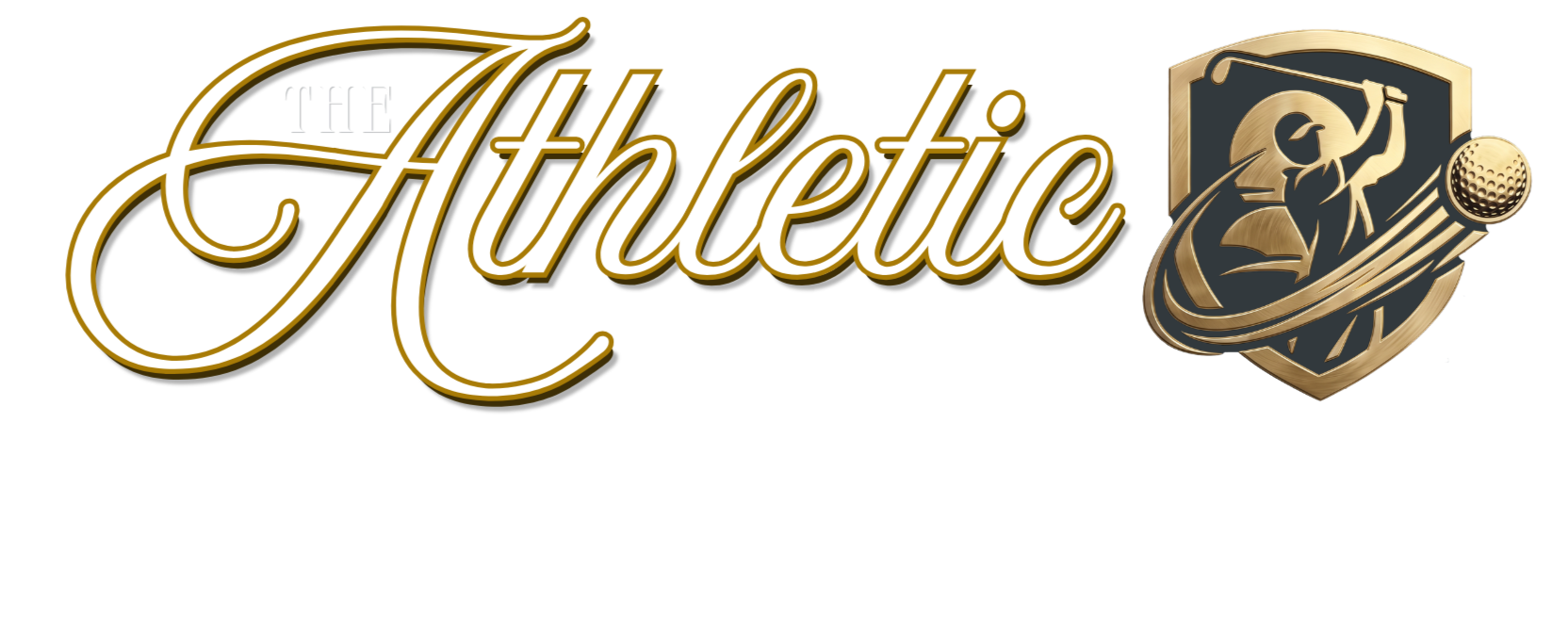 Logo for The Athletic Mindset featuring script font, and a shield with an illustration of a person swinging a golf club with a golf ball.