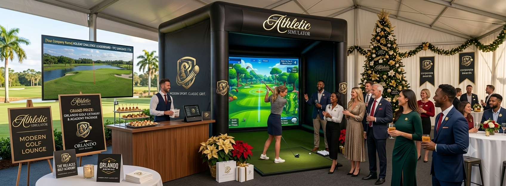 People attending a golf-themed party inside a large tent decorated with Christmas trees and ornaments. In the center, a woman is taking a swing at a virtual golf simulator called "The Athletic Simulator." Other guests are watching, clapping, and holding drinks, while a bartender stands behind a counter with snacks and a gaming device. Signs display information about golf activities and prizes.