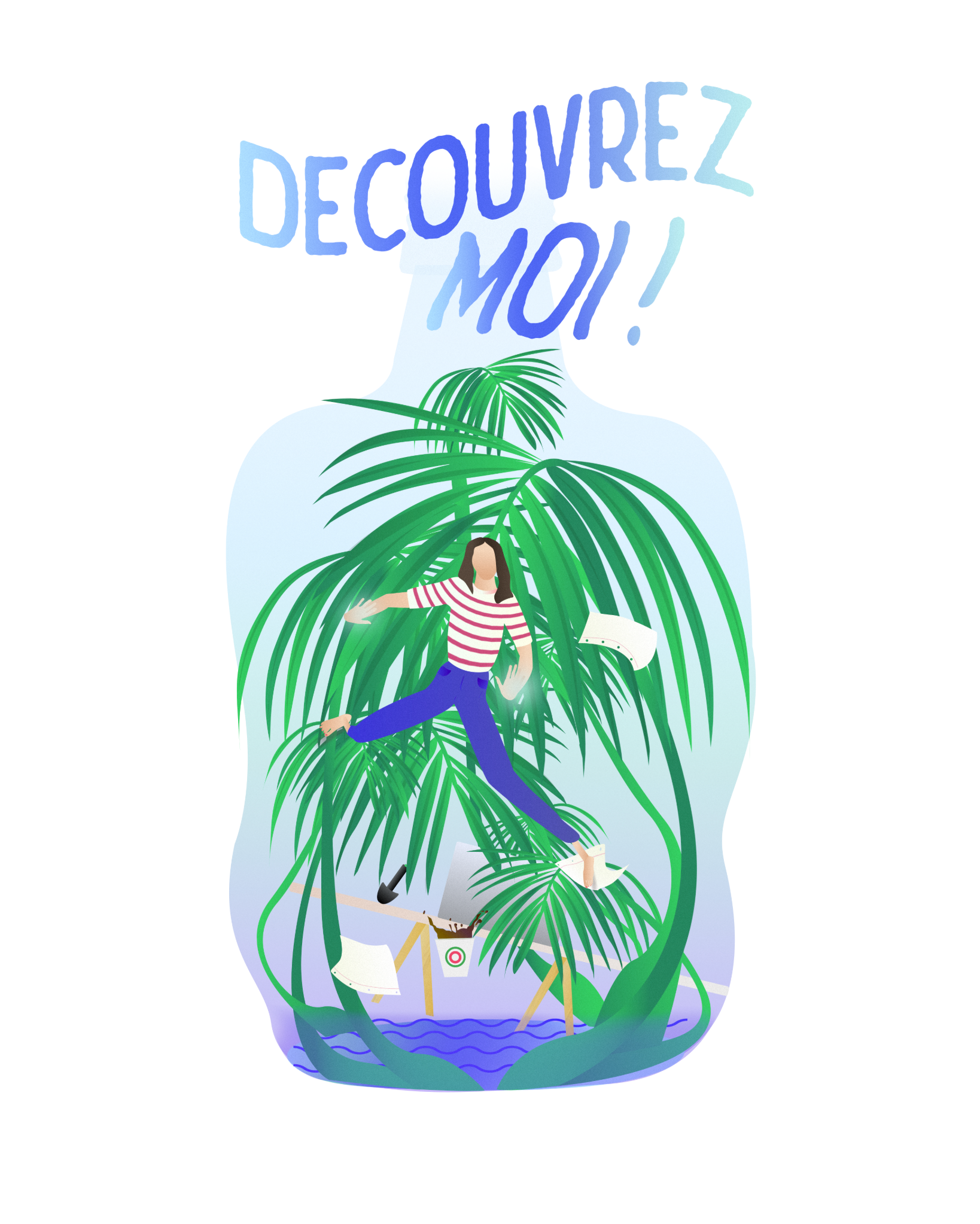 A woman in a striped shirt and blue pants standing on a dock with a yellow pole, surrounded by large green tropical leaves, with a boat and water in the background. Above, a message in French says, "Decouvrez Moi!" in blue and light blue letters.