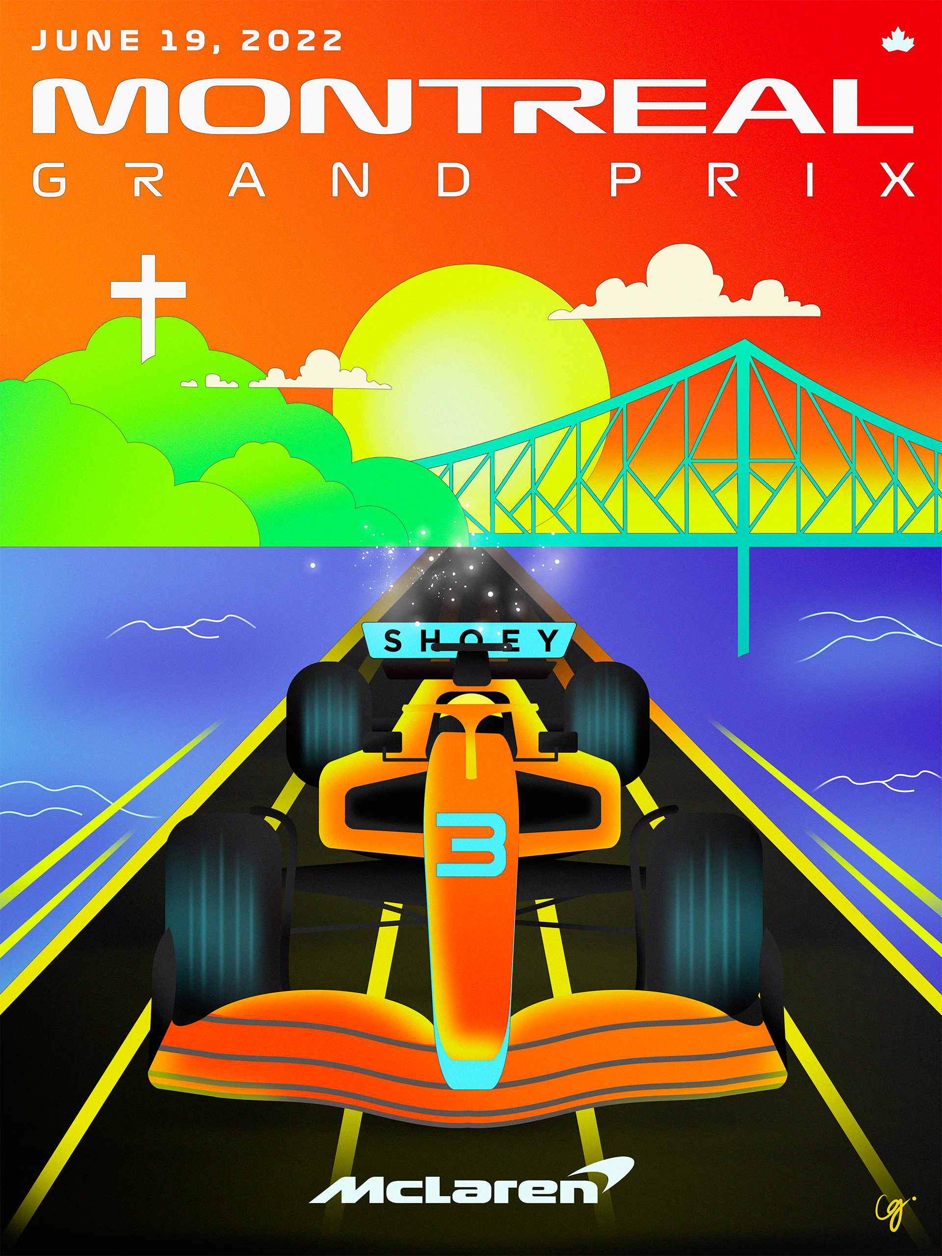 Illustration of a race car on a track with a bridge, trees, and a sun in the background, promoting the Montreal Grand Prix on June 19, 2022, with the McLaren logo at the bottom.