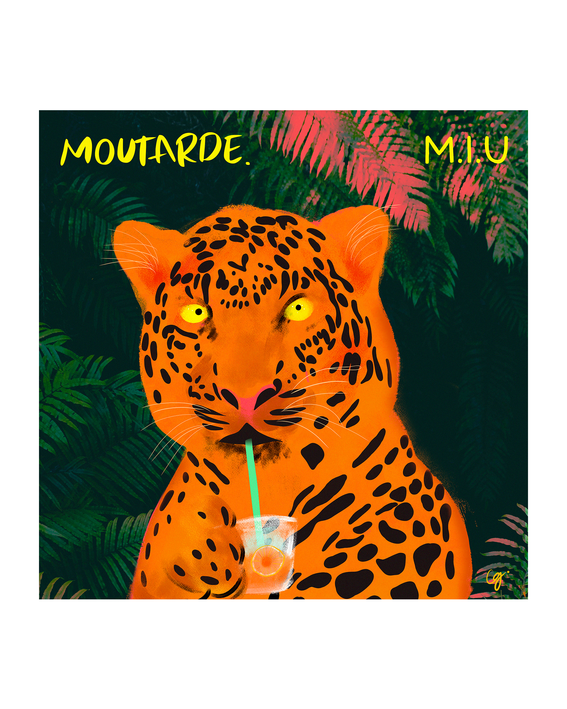 Illustration of a leopard's face with yellow eyes, surrounded by green tropical foliage, with yellow handwritten-style text reading 'MOUTARDE' and 'M.I.U'