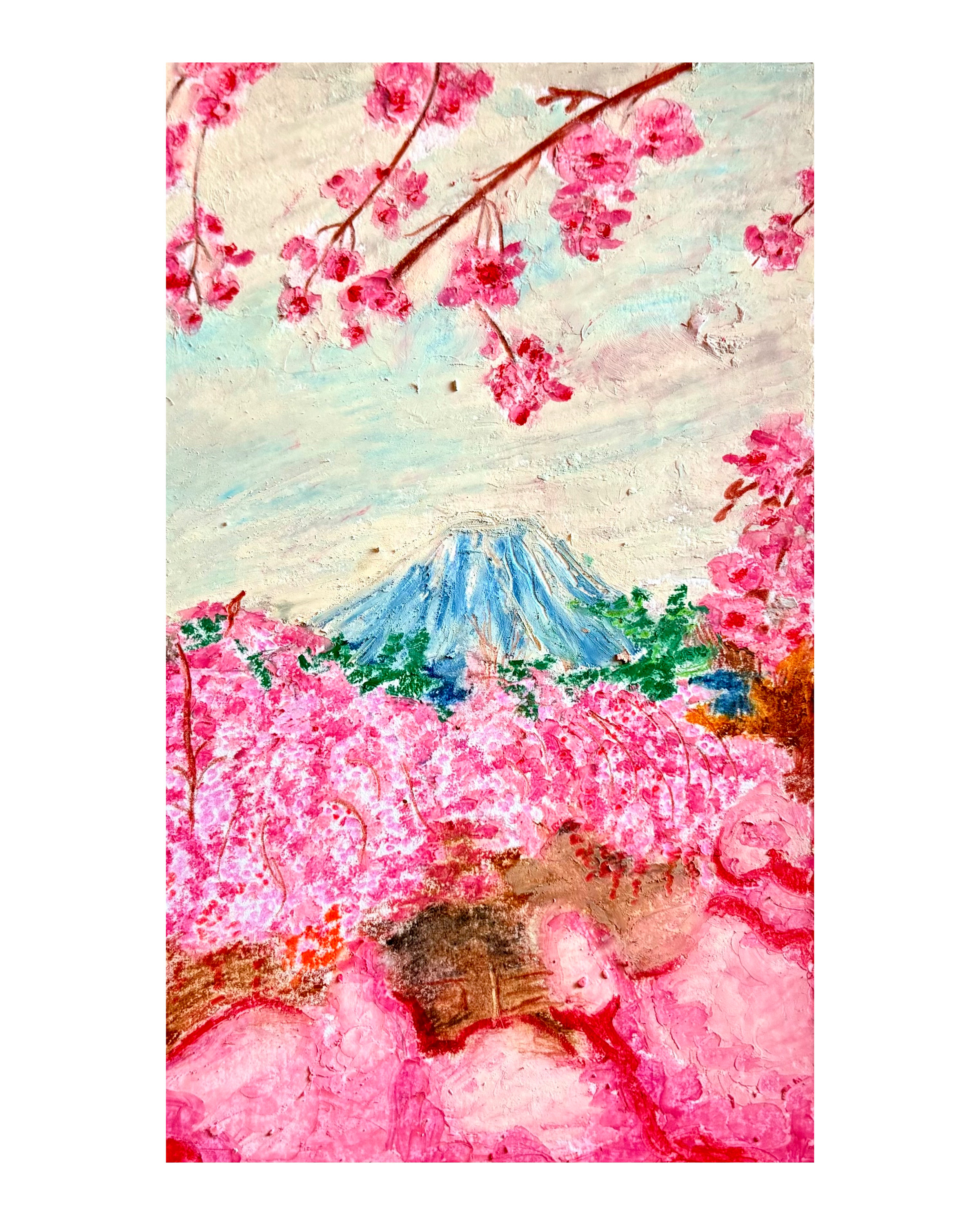 Painting of pink cherry blossoms on branches with Mount Fuji in the background, in a Japanese style.