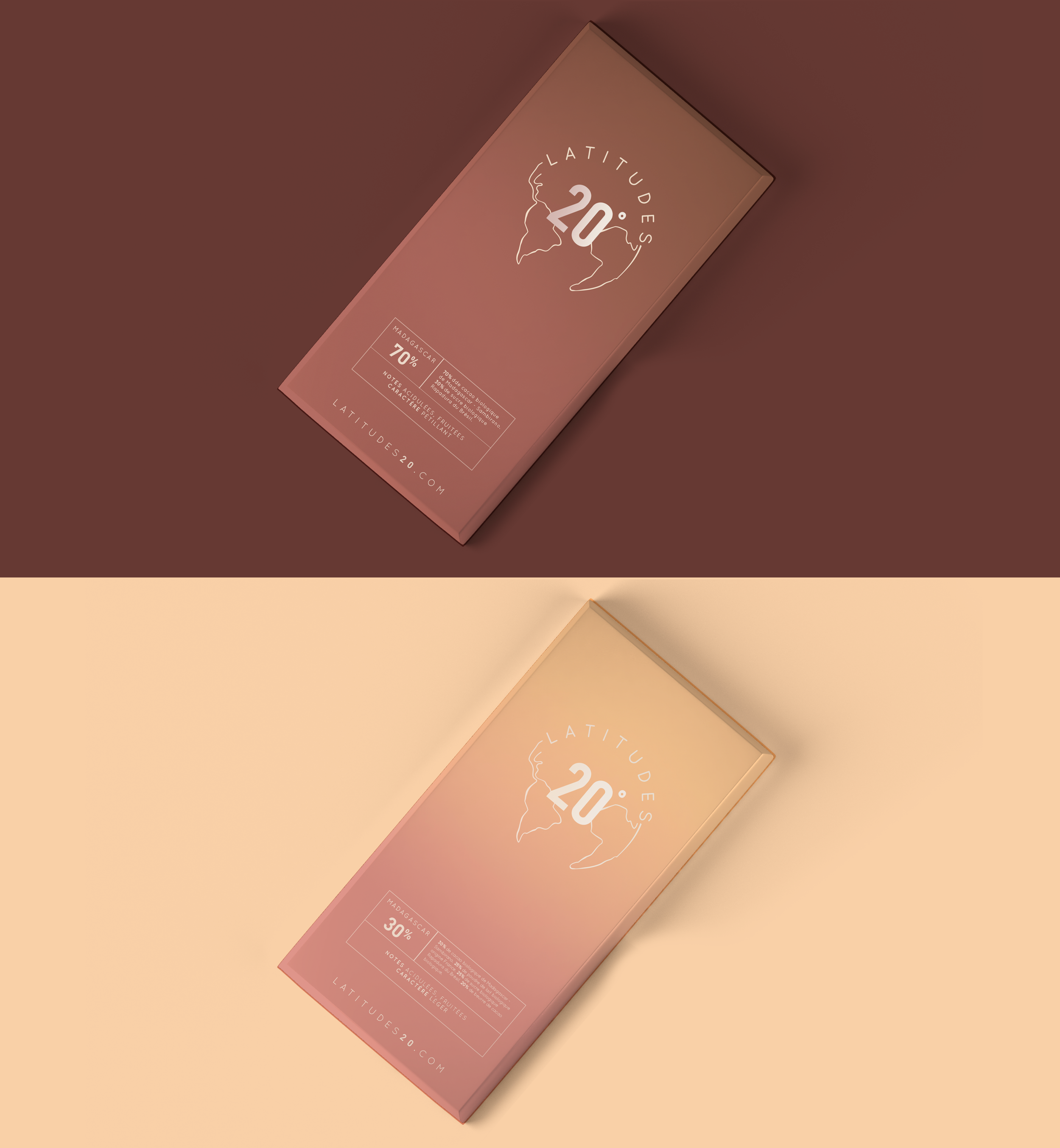 Two chocolate bars from Lattitude des 20°, one with 70% cacao in Madagascar and the other with 30% cacao in Madagascar, displayed on a split background with dark brown on the top and light beige on the bottom.