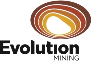 A logo for Evolution Mining featuring a stylised circular design with shades of orange, yellow, and brown, and the words 'Evolution Mining' beneath it.