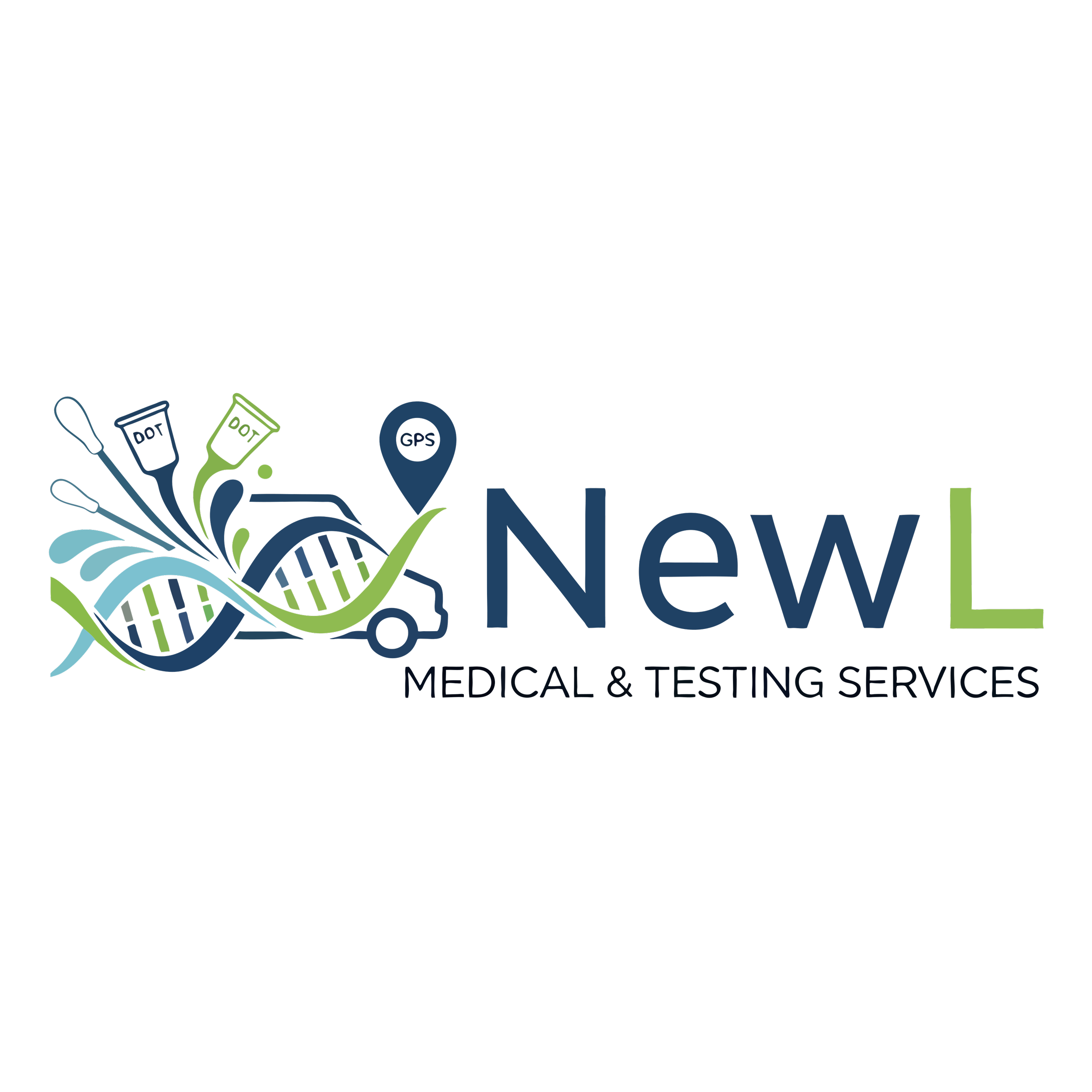 Illustration with medical and testing service items, including a DNA helix, test tubes, a GPS marker, and a syringe.