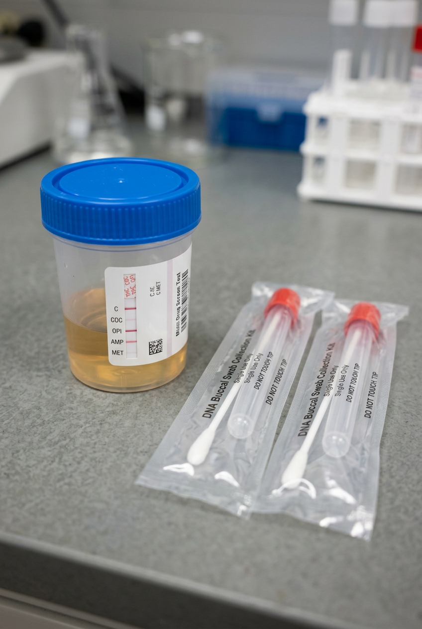 A laboratory scene with a clear container holding urine and two DNA collection swab test kits on a gray countertop, with laboratory equipment blurred in the background.