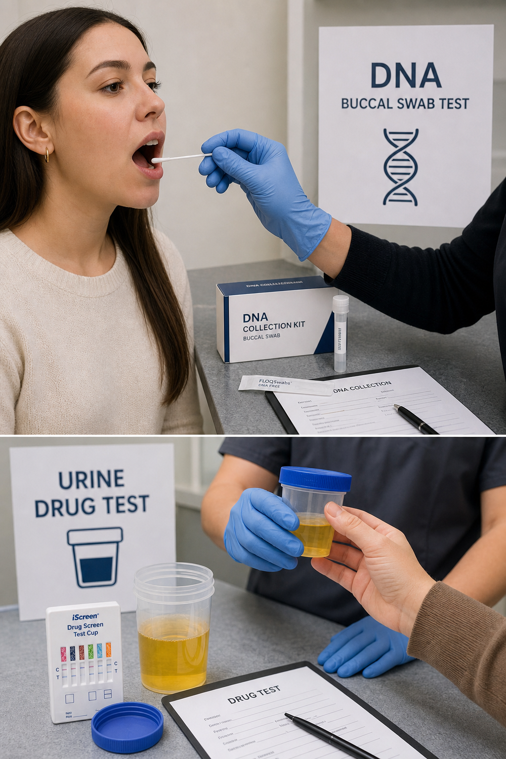 A woman undergoing a DNA buccal swab test and a person holding a urine sample for a drug test, at a medical testing facility.