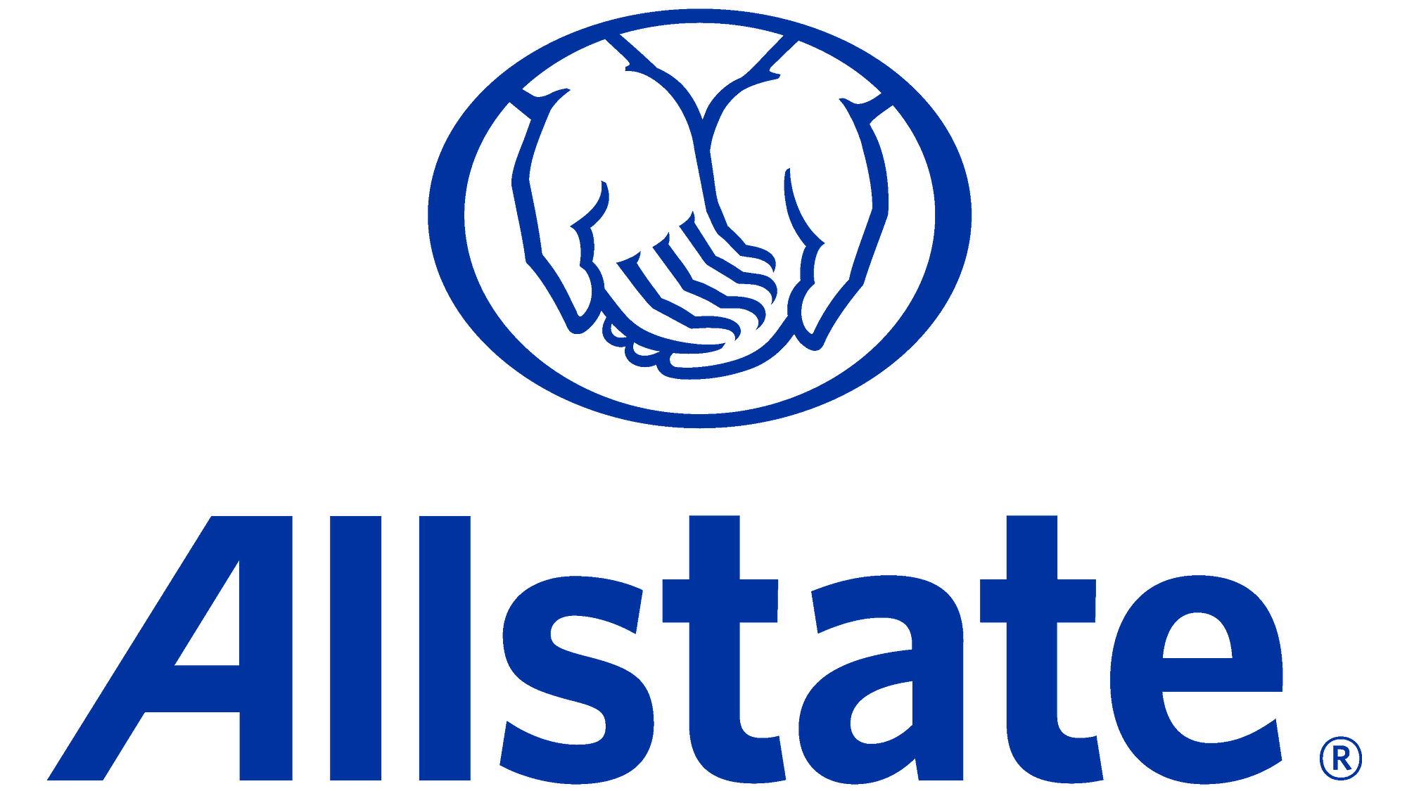Allstate logo featuring two hands forming a protective shield over the blue company name 'Allstate'.