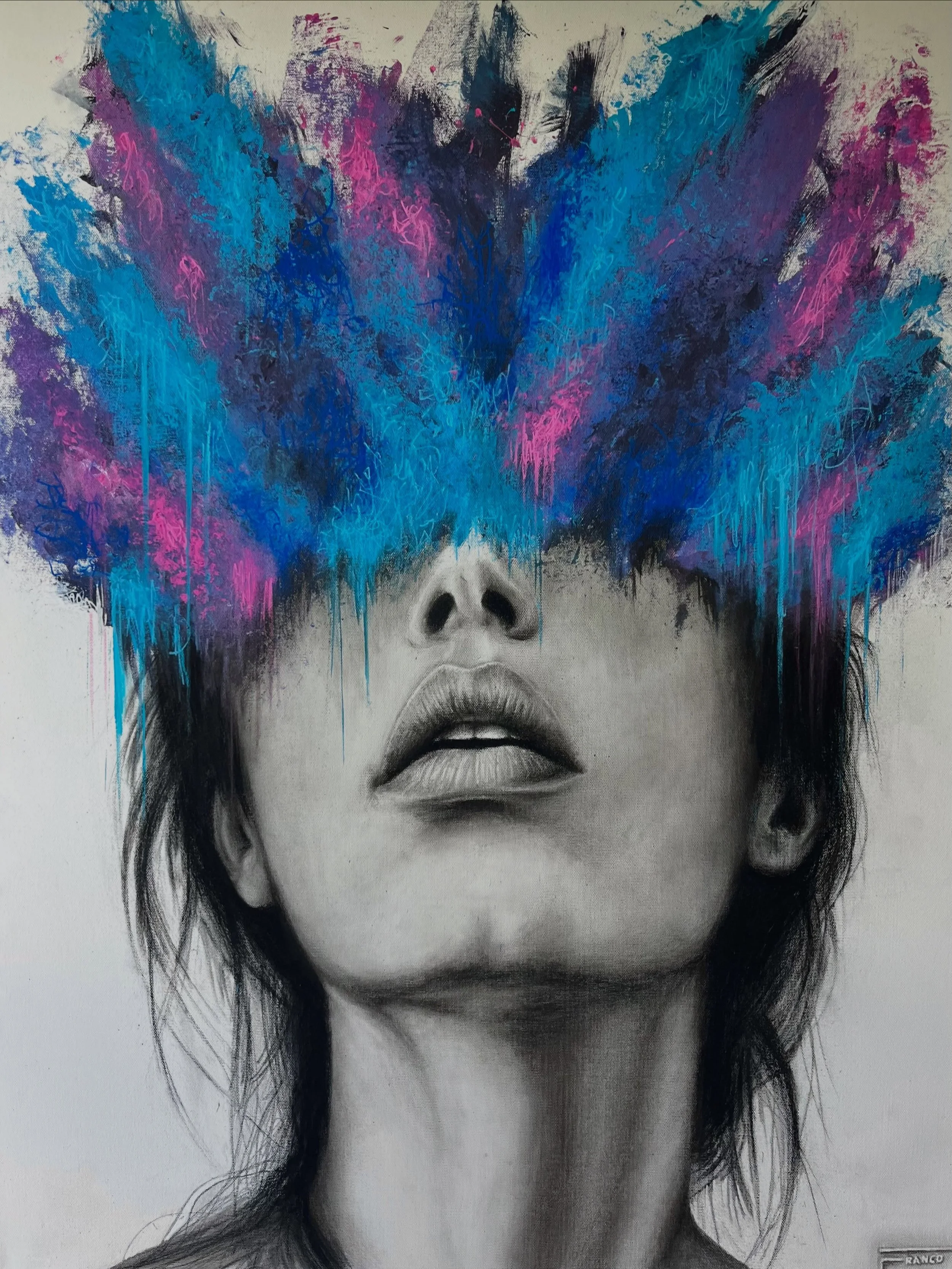 Final pics of this piece. 
&ldquo;Painted Thoughts&rdquo; 
30x40 in.
Acrylic and charcoal media on gallery-wrapped canvas.

A portrait that uses color to show the thoughts and emotions we can&rsquo;t always see.
