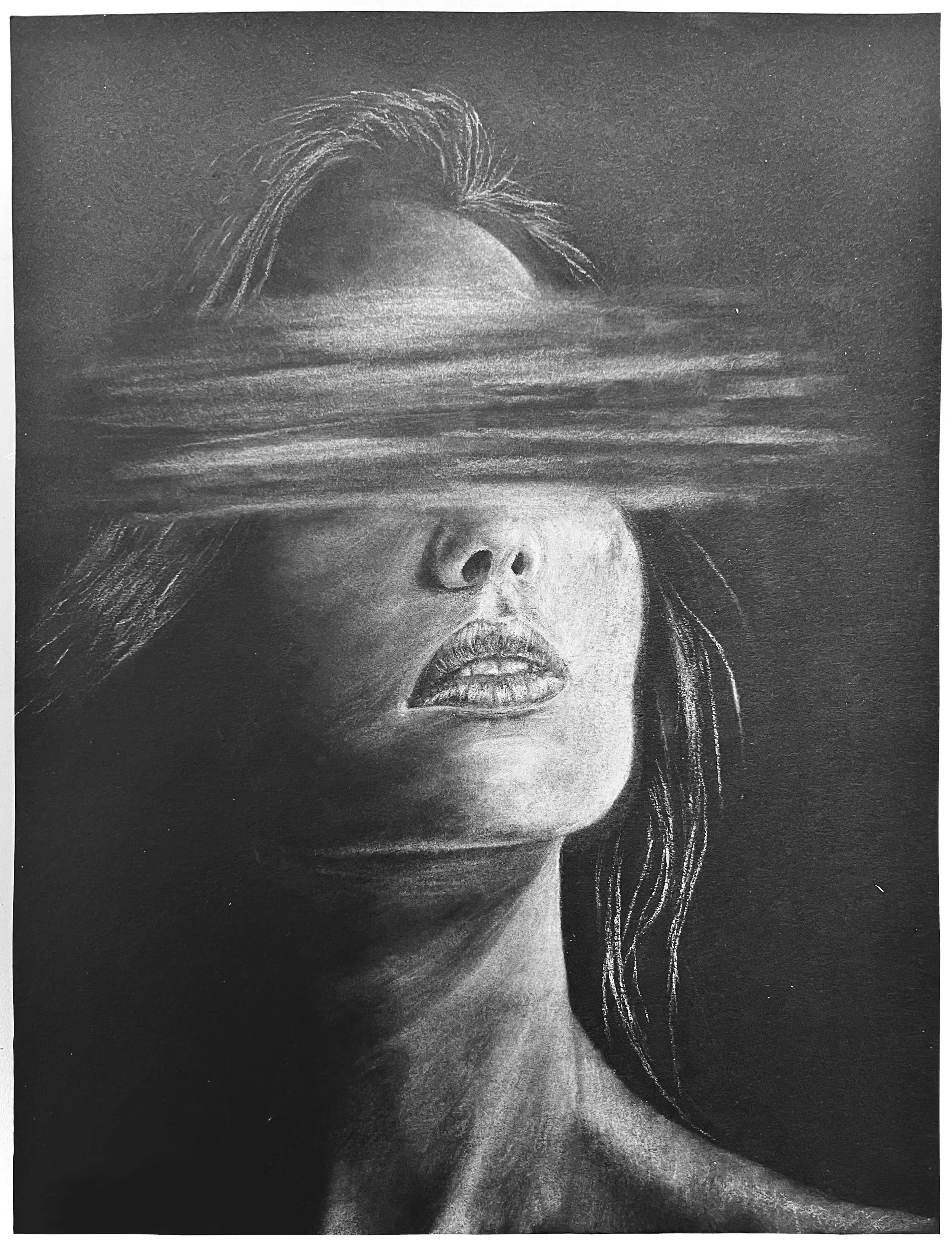 A monochrome portrait of a woman with long hair, with her eyes obscured by horizontal light streaks, and her lips slightly parted.