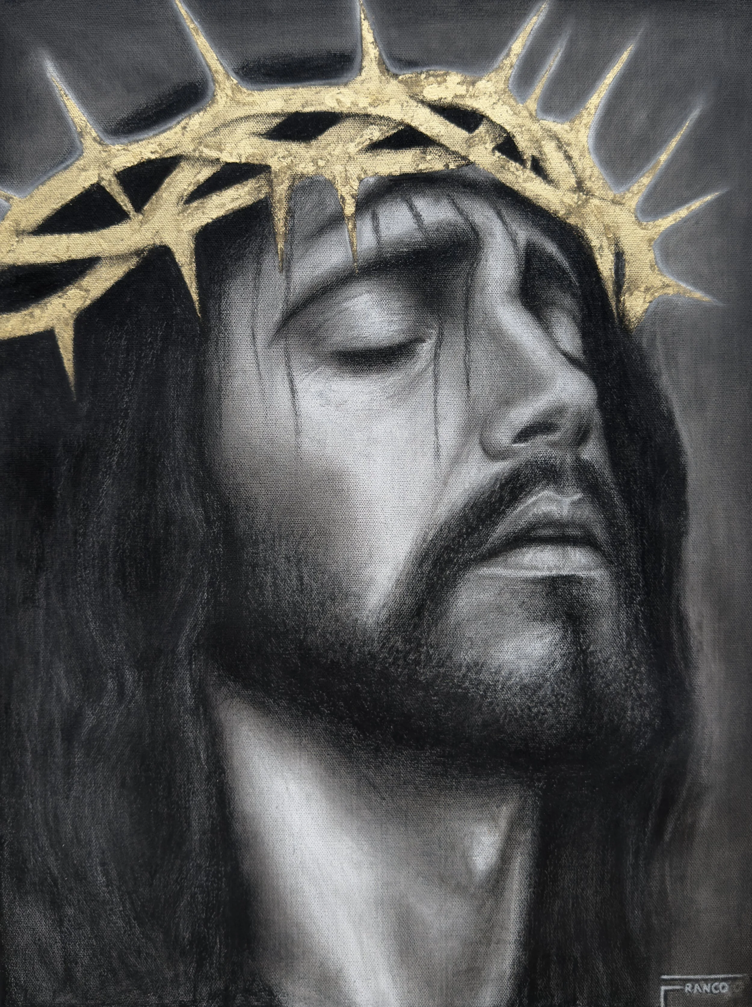 Pain and Glory | Charcoal & Gold Flake on Canvas | 18 x 24 in | 2026