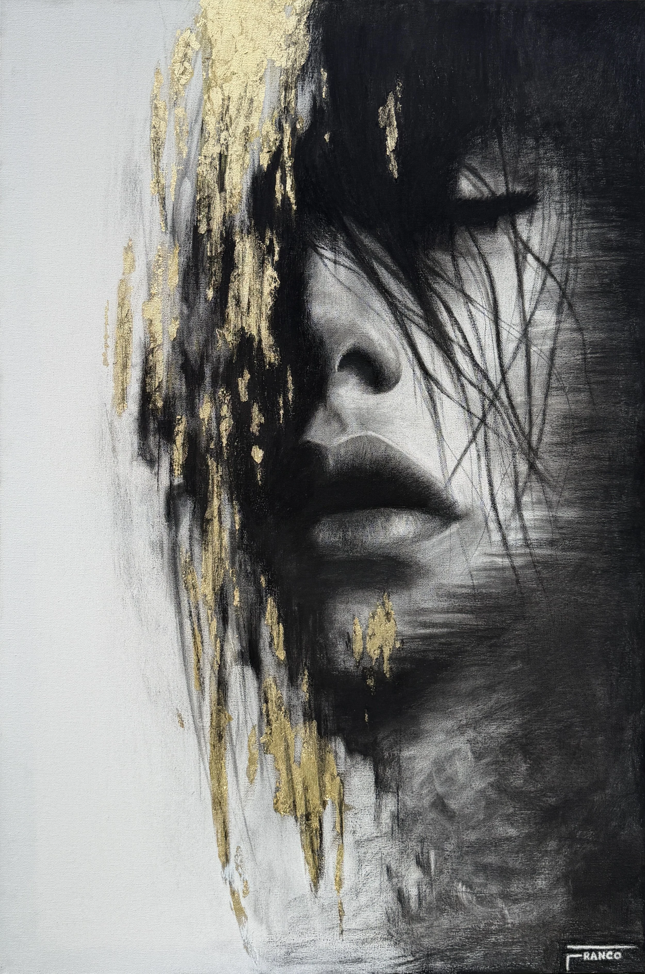 Golden Veil | Charcoal & Gold Flake on Canvas | 24 x 36 in | 2026