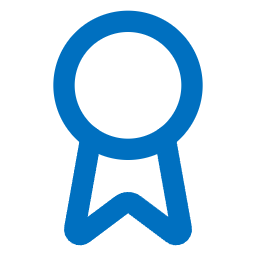 Blue outline of a medal or ribbon icon on a white background