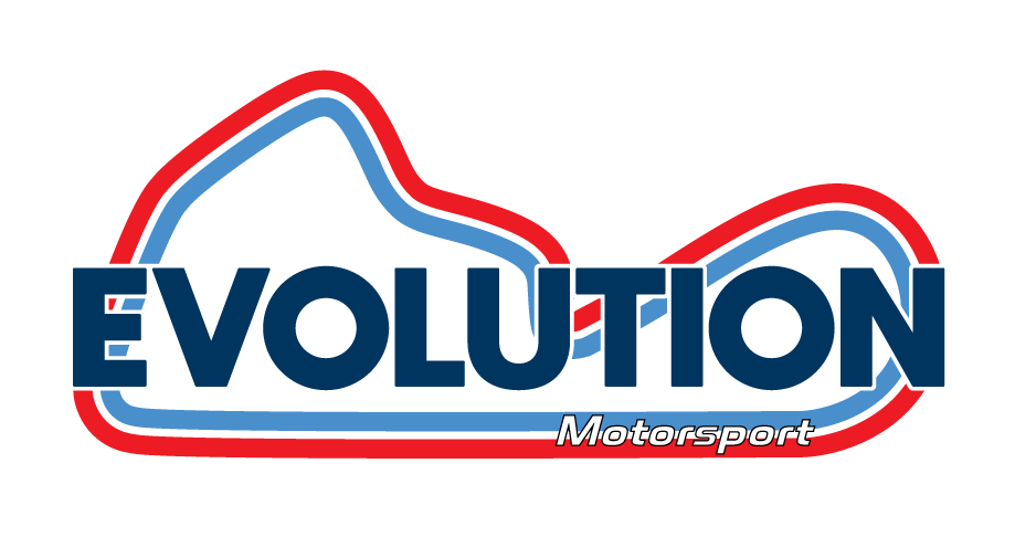 Logo for Evolution Motorsport featuring a stylized racing track outline in red and blue with the words "EVOLUTION" in bold blue letters and "Motorsport" in smaller white letters.
