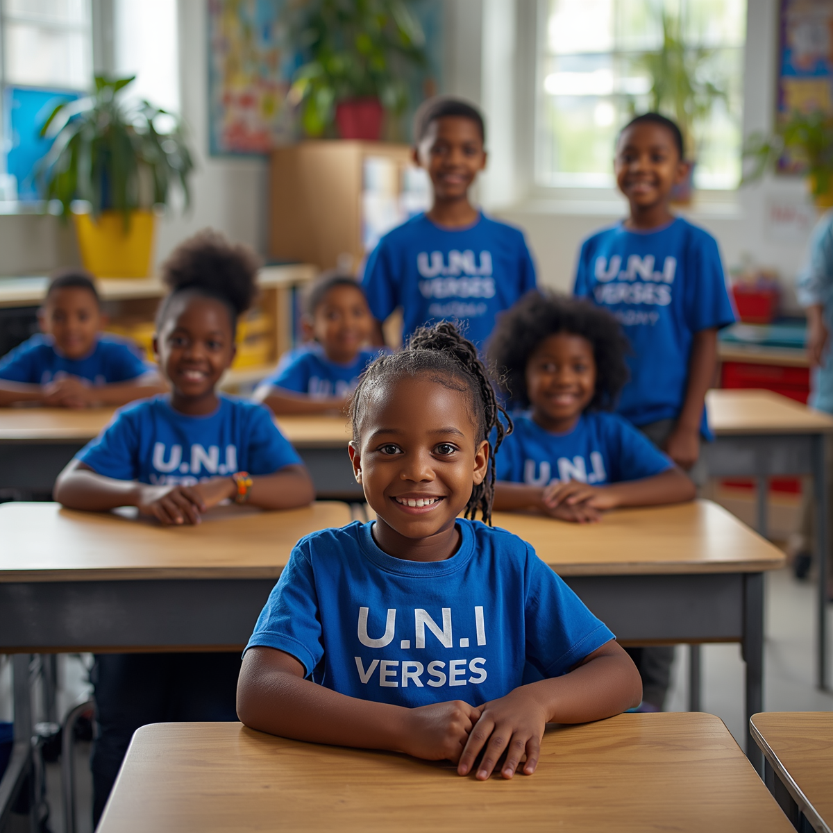 Smiling young girl sitting at a desk in a classroom with other children, all wearing matching blue T-shirts with 'U.N.I VERSES' printed on them, and smiling at the camera.