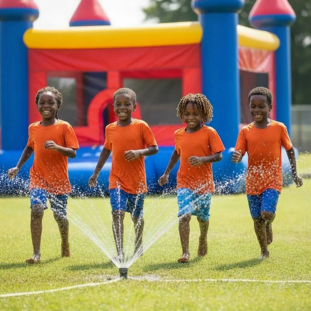 Four children wearing orange shirts and blue shorts running through sprinklers on a grassy yard with a colorful inflatable bounce house in the background.