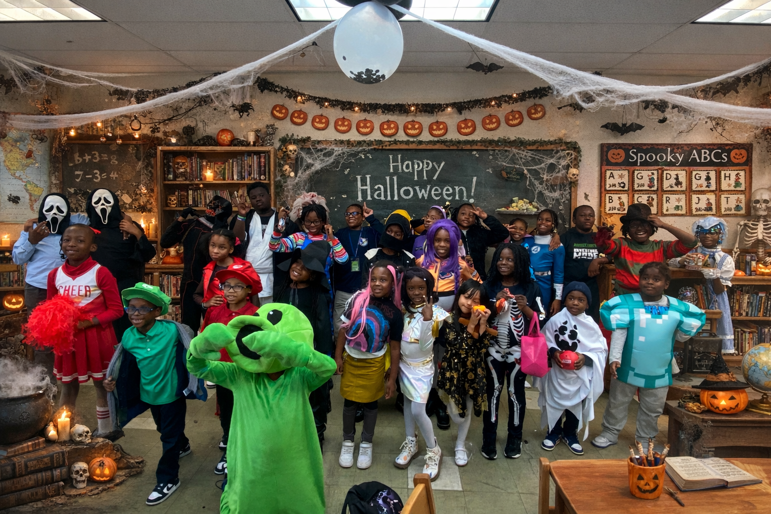 Children in Halloween costumes posing in a classroom decorated for Halloween with cobwebs, pumpkins, skeletons, and a blackboard that says 'Happy Halloween!'