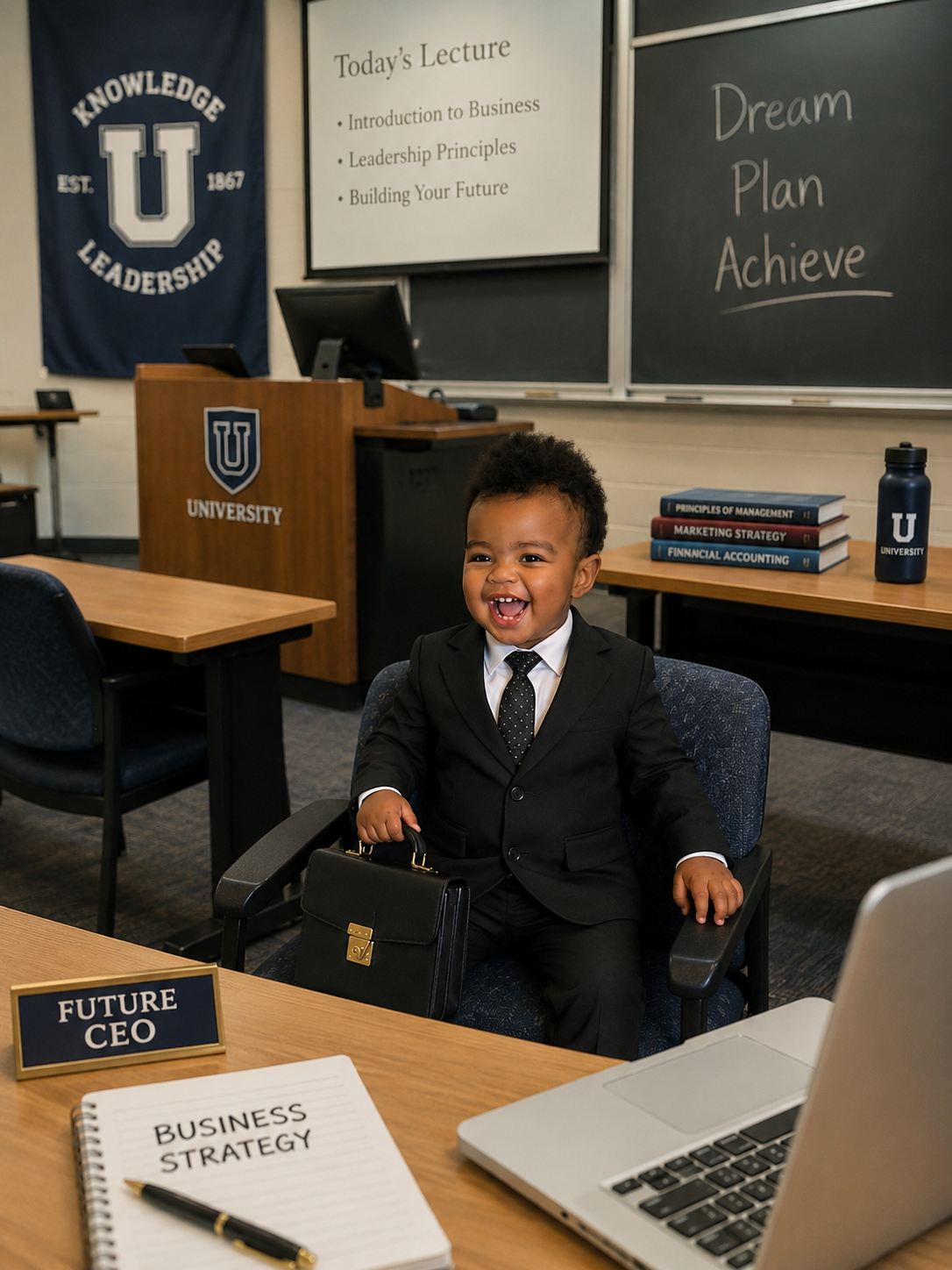 A young boy dressed in a business suit sitting at a conference table in a classroom or office setting, smiling happily. The table has a nameplate reading 'FUTURE CEO' and a notebook titled 'BUSINESS STRATEGY' with a pen, a laptop, and a water bottle nearby. In the background, there are textbooks, a chalkboard with words 'Dream Plan Achieve,' and a university banner.