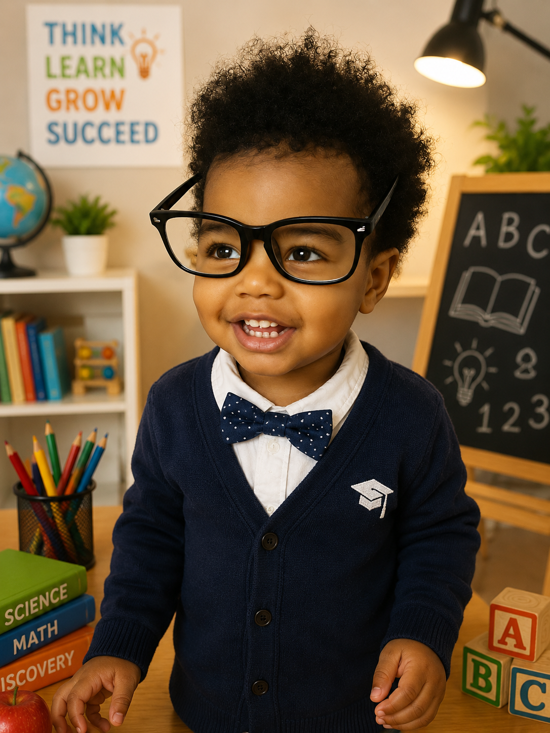Young boy wearing glasses, a white collared shirt, a blue sweater with a chalkboard behind him with ABC and numbers, surrounded by books and educational toys in a classroom.