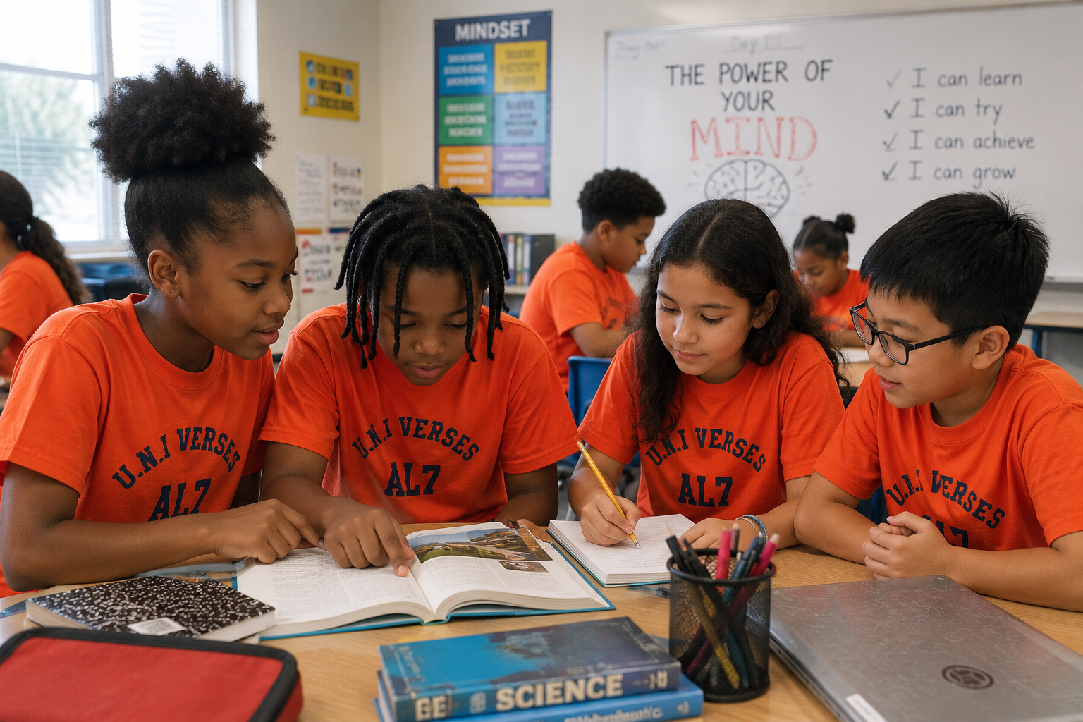 Four young students wearing orange T-shirts with 'U.N.I. VERSES ALZ' gather around a table working on a book and notebook, with school supplies and textbooks nearby in a classroom.