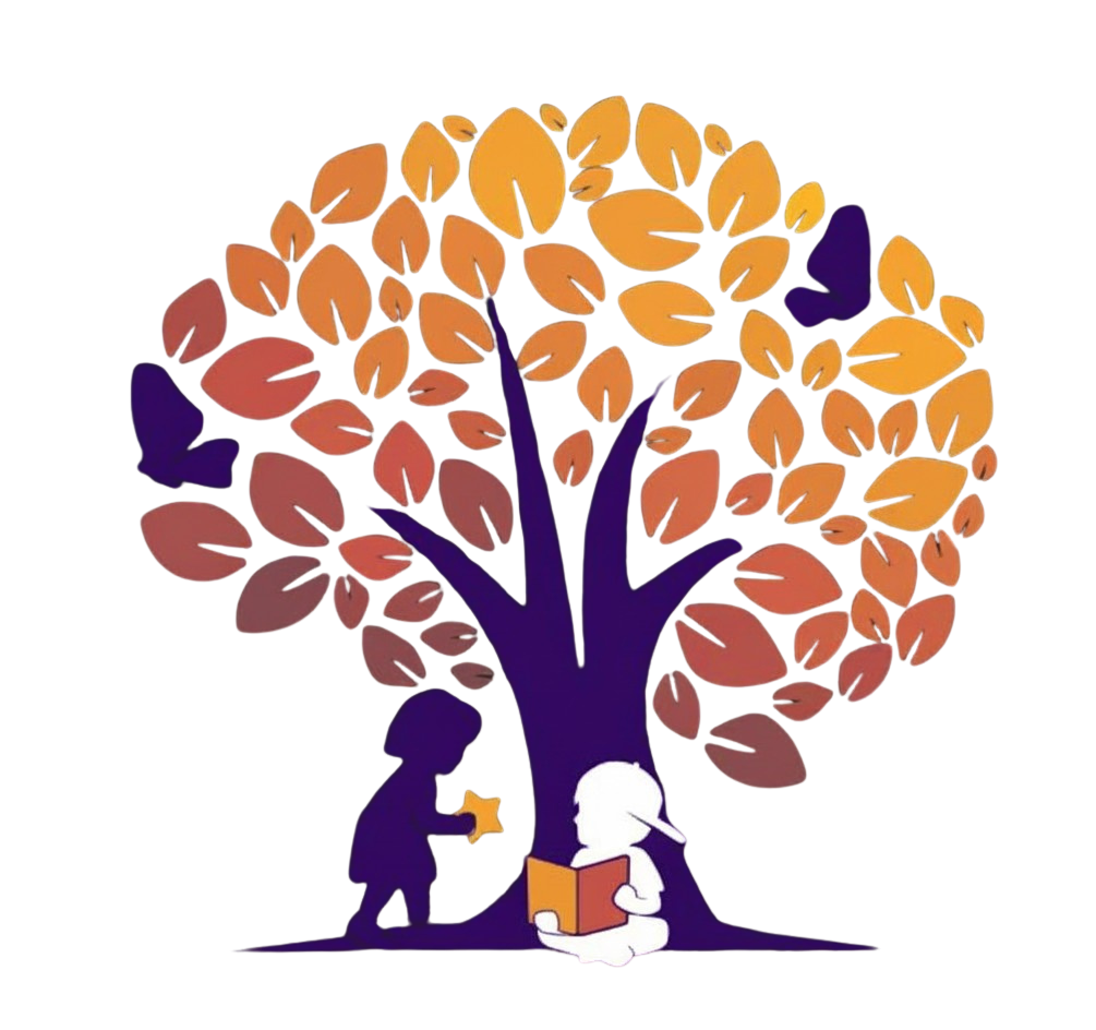 Children reading under a tree with colorful leaves, one child offering a star to another.