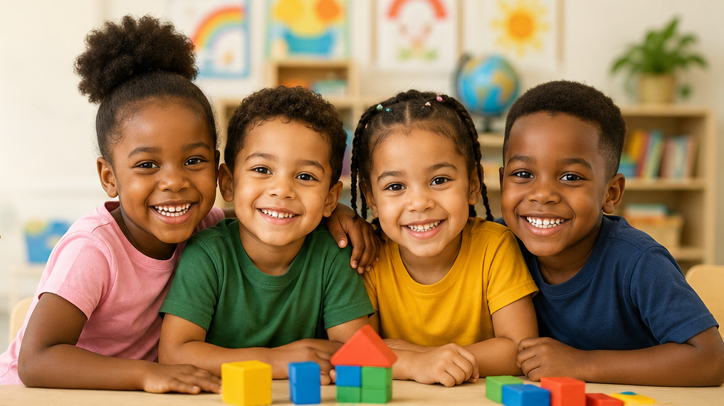 Four happy children sitting at a table with colorful building blocks in a classroom.