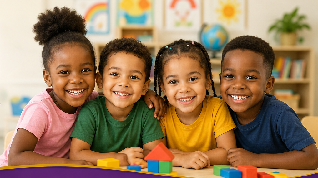 Four young children smiling and sitting at a table in a classroom with colorful decorations, toys, and books.