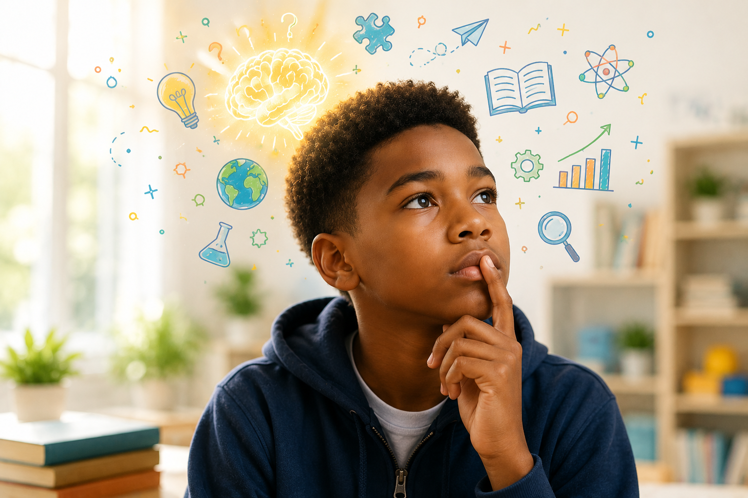 A young boy thinking with scientific and creative icons floating around his head, including a brain, light bulb, globe, test tube, and charts.
