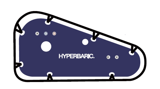 Side view of a Hyperbaric oxygen therapy chamber, showing the elongated oval shape with multiple ports and viewing windows.