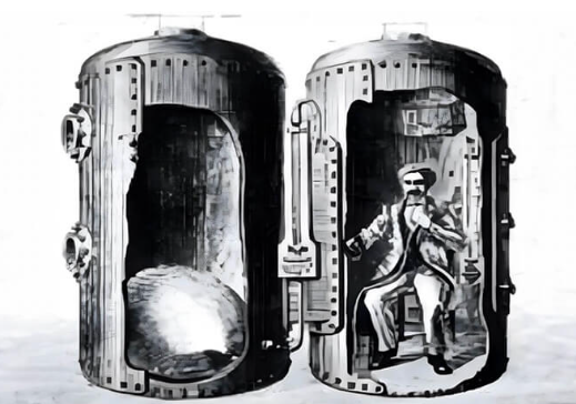 A black and white illustration of a an early hyperbaric oxygen chamber