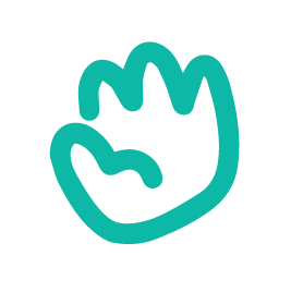 A teal-colored, stylized hand with a waving finger, outlined on a black background.
