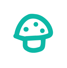 A simple, teal-colored icon of a mushroom with dots representing the spores.