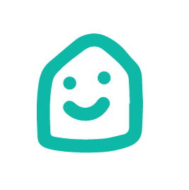 A simple, teal-colored, cartoonish house with a smiling face.