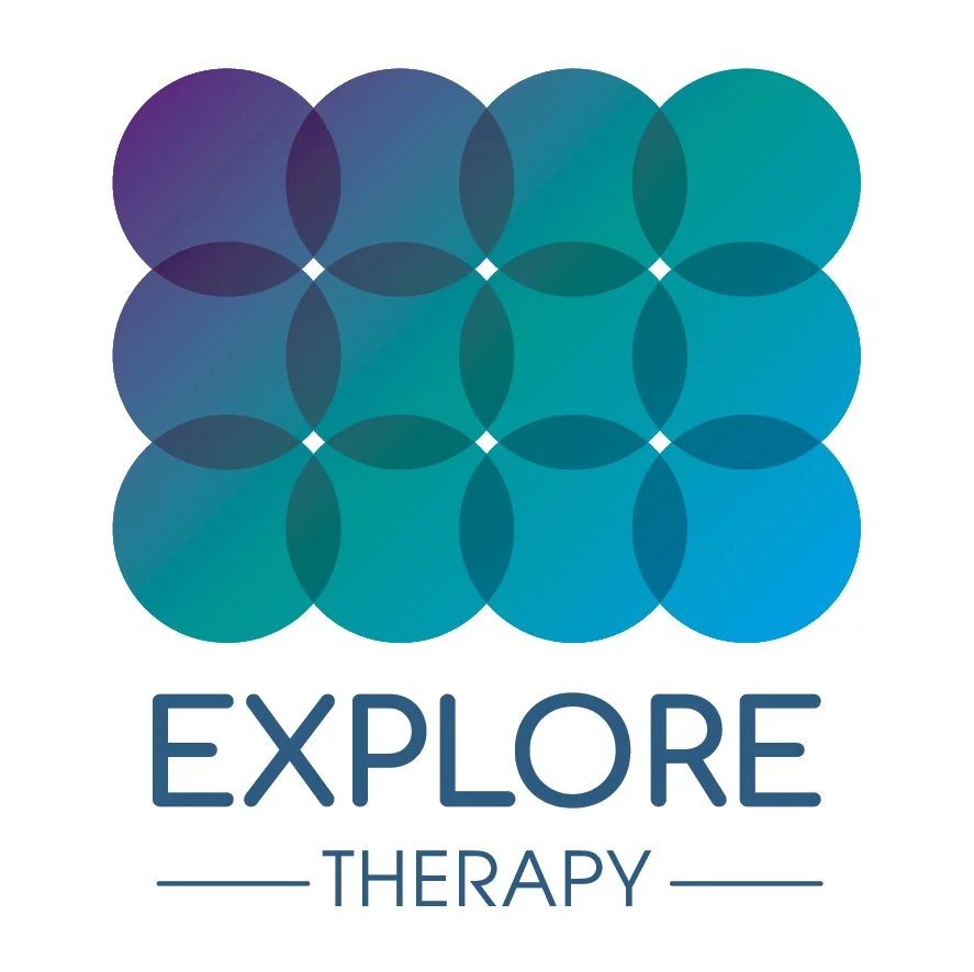 A logo with a grid of 12 overlapping blue and teal circles above the text "Explore Therapy" in blue font.