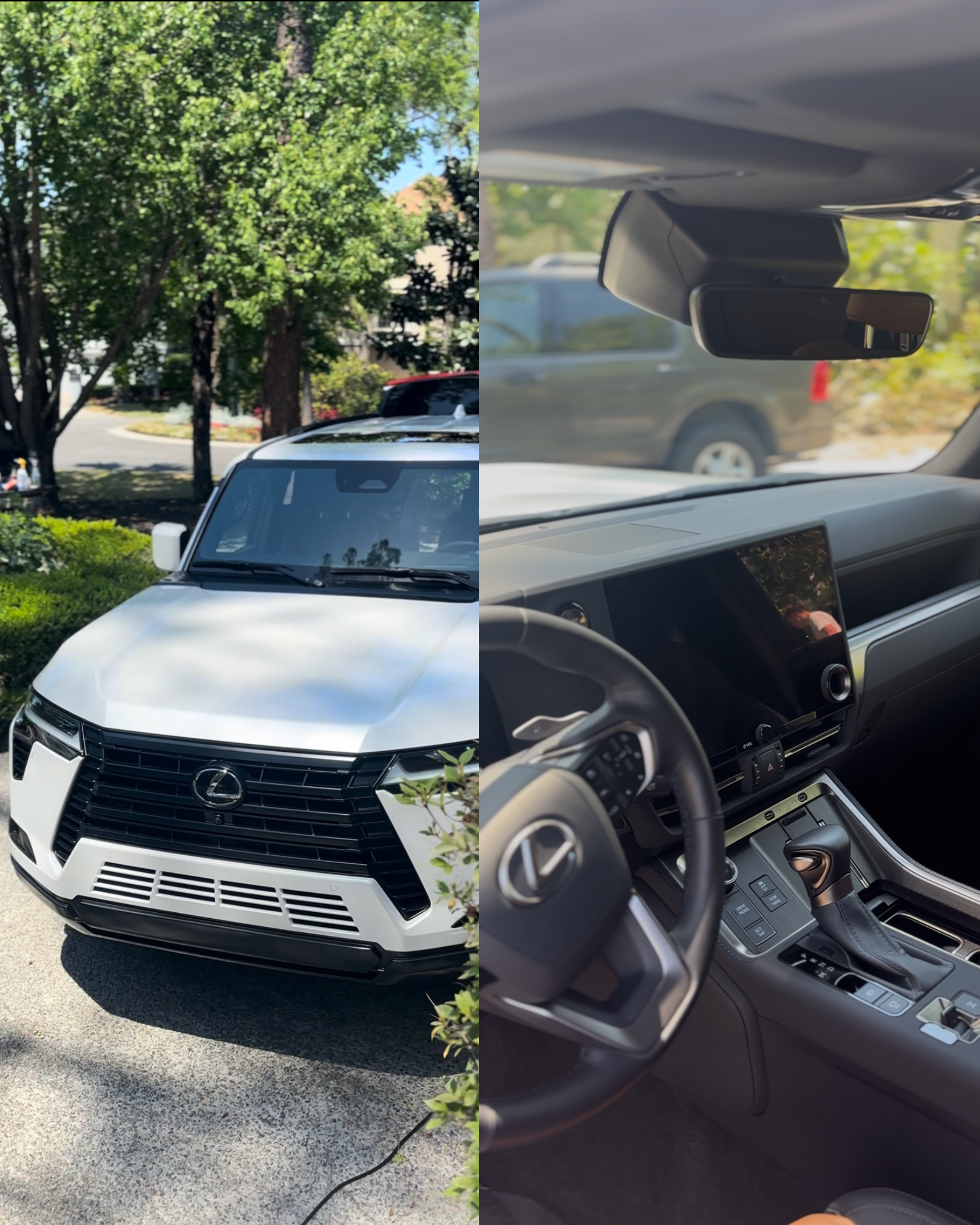 Combination of a photo of a white Lexus SUV parked outdoors beneath a tree and a photo of the car's interior showing the dashboard, steering wheel, and gear shift.