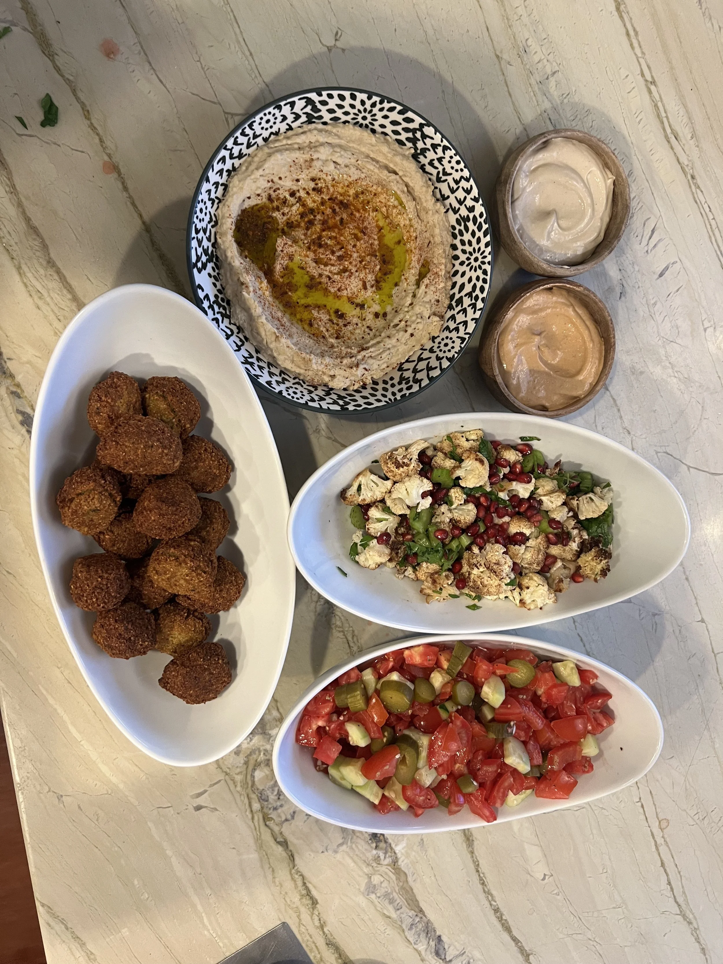 Falafel, Hummus, Salads, Tahini