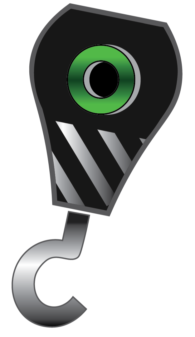 Close-up of a metal chain hook attached to a black and green mechanical part.