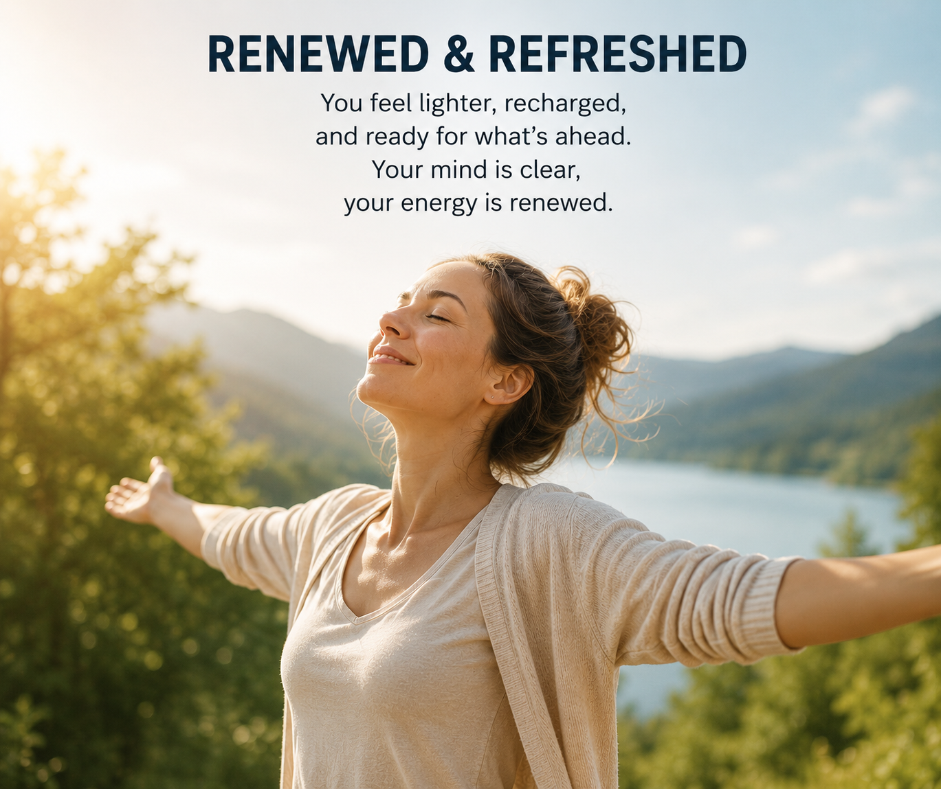 A woman standing outdoors with arms outstretched, smiling, and enjoying nature in front of a lake and mountains under a blue sky with some clouds.