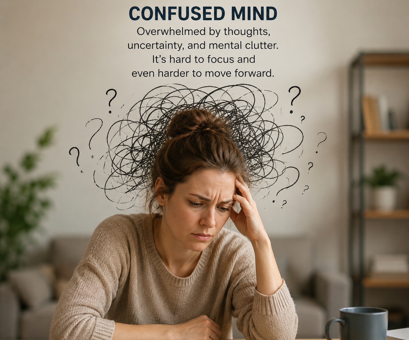 A woman sitting at a table with a distressed expression, holding her head. Above her head, there is a chaotic scribble with question marks, representing confusion and mental clutter. On the wall behind her, a poster reads 'CONFUSED MIND' and describes feelings of being overwhelmed by thoughts, uncertainty, and mental clutter.