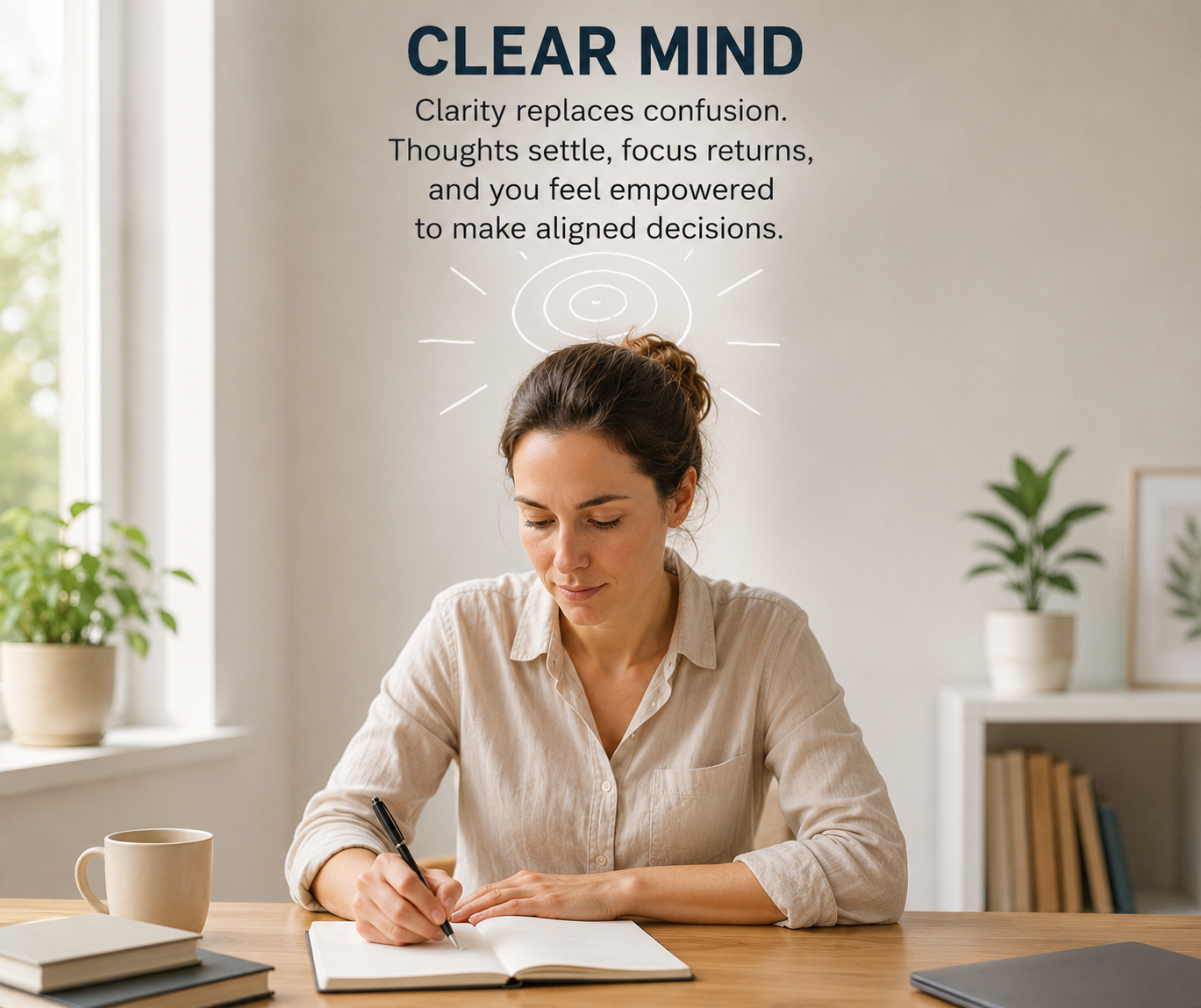 A woman sitting at a desk writing in a notebook with a pen. There are books and a mug on the desk. Behind her is a wall with text about a clear mind, and a sketch of a circle with lines radiating outward. The room has a window with natural light and some potted plants.