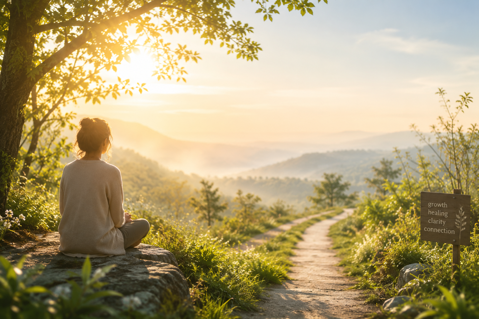 A woman sitting on a rock in nature, watching the sunrise over rolling hills, with a sign nearby that reads 'growth, healing, clarity, connection'.